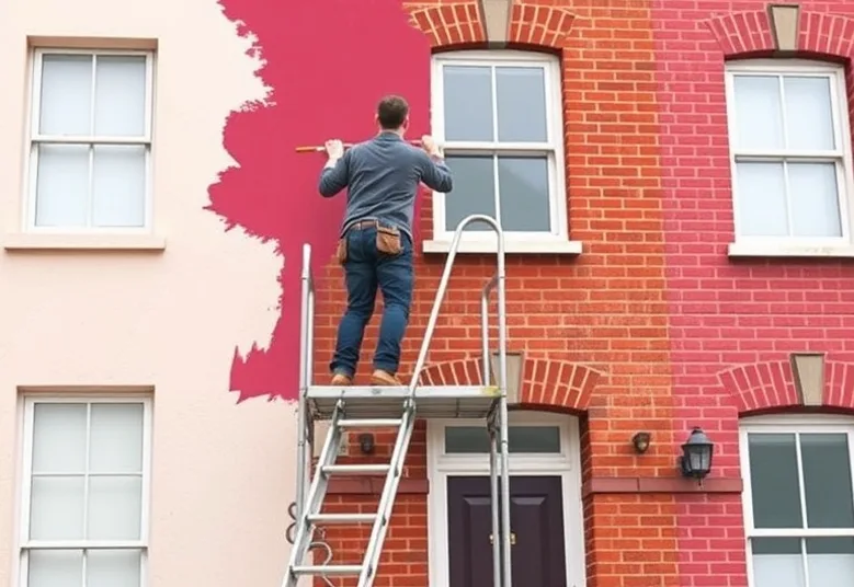 Peintre sur échafaudage traitant la façade d'une maison